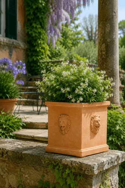 Quadratischer Blumenkasten aus Impruneta-Terracotta mit Löwenkopf